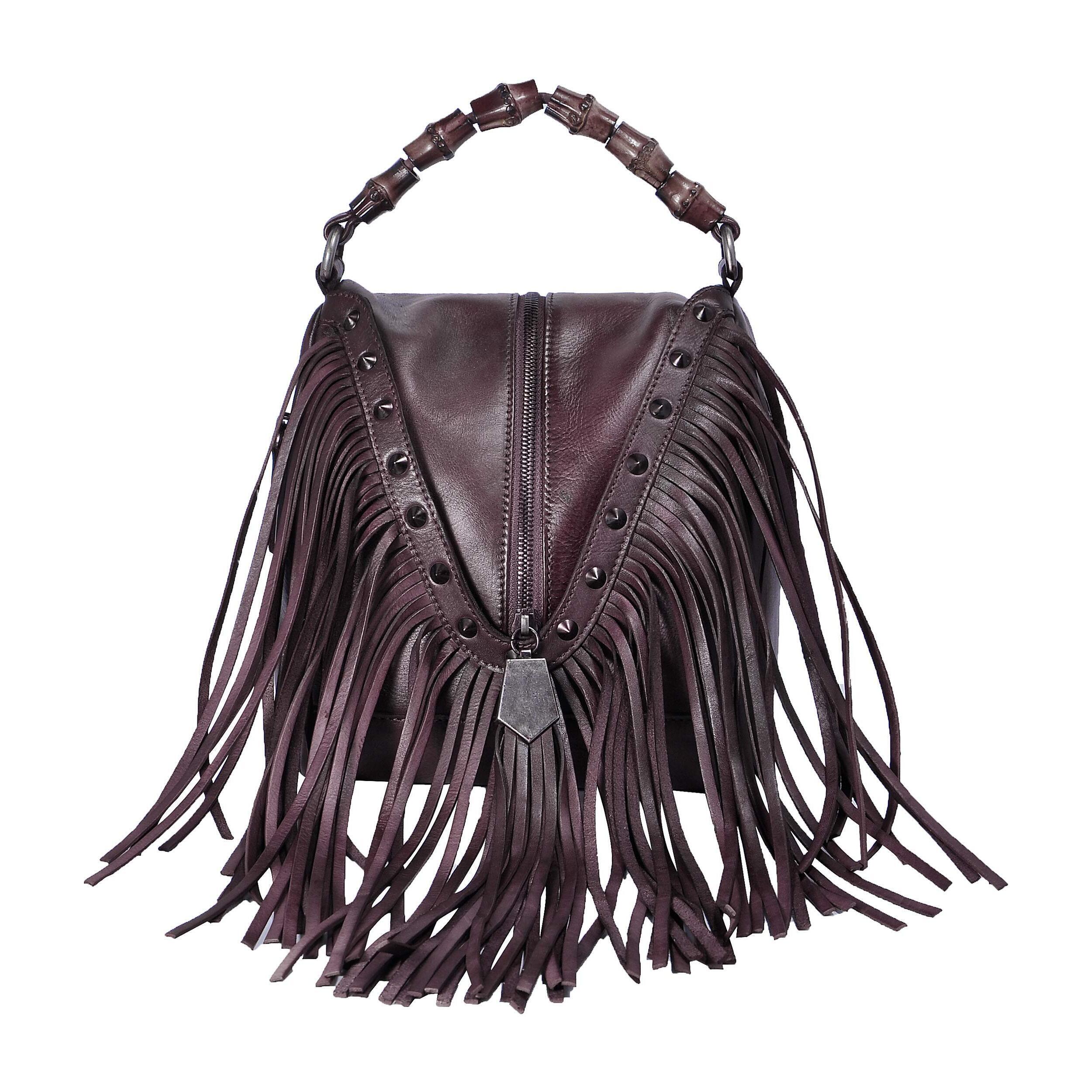 5137 Leather Bamboo Hand Strap Featured Fringe Bohemian Tassel Studed Cross